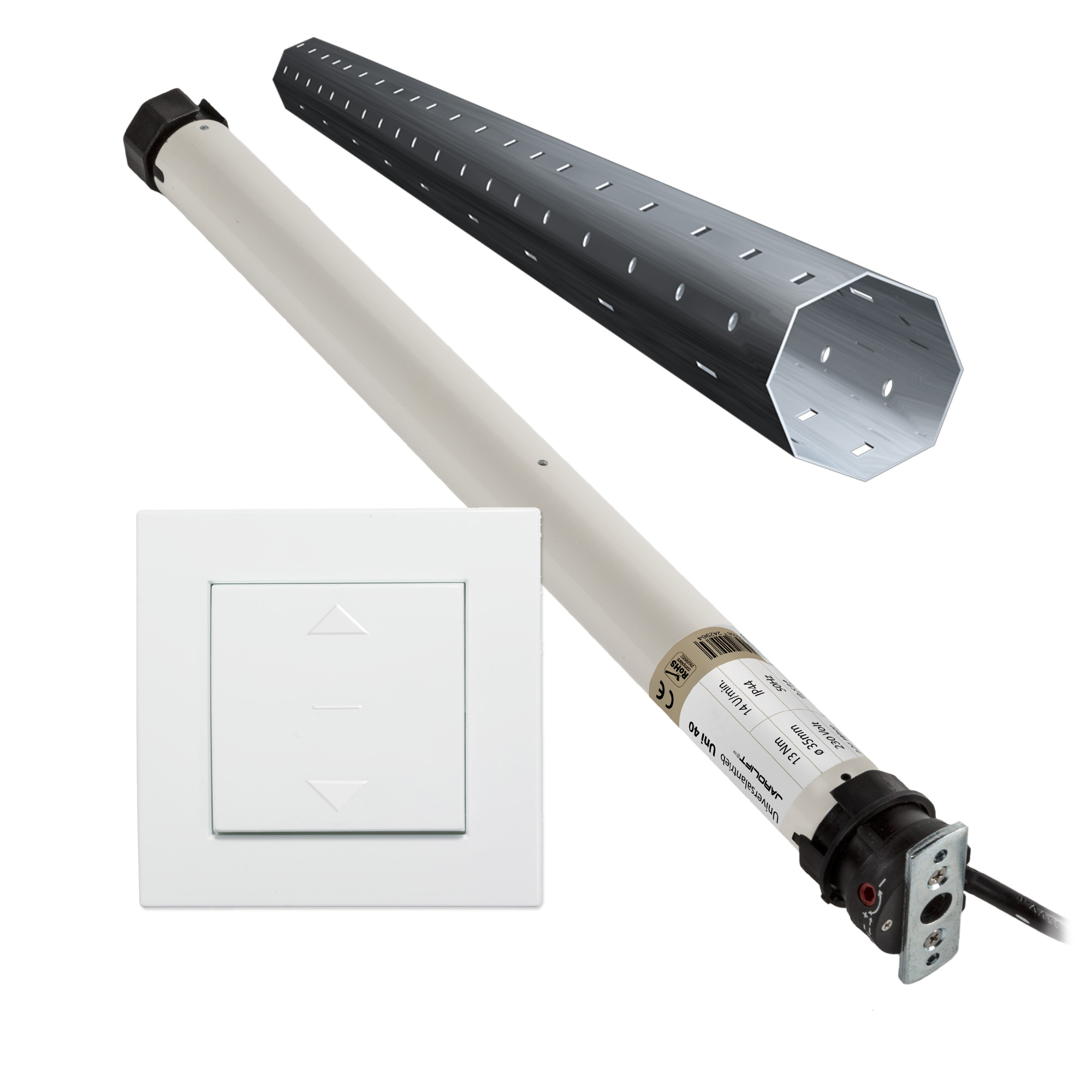 Motor para persiana Universel | UNI40 (13 Nm / SW40) + Interruptor basculante de diseño + Kit eje para cajón exterior 1