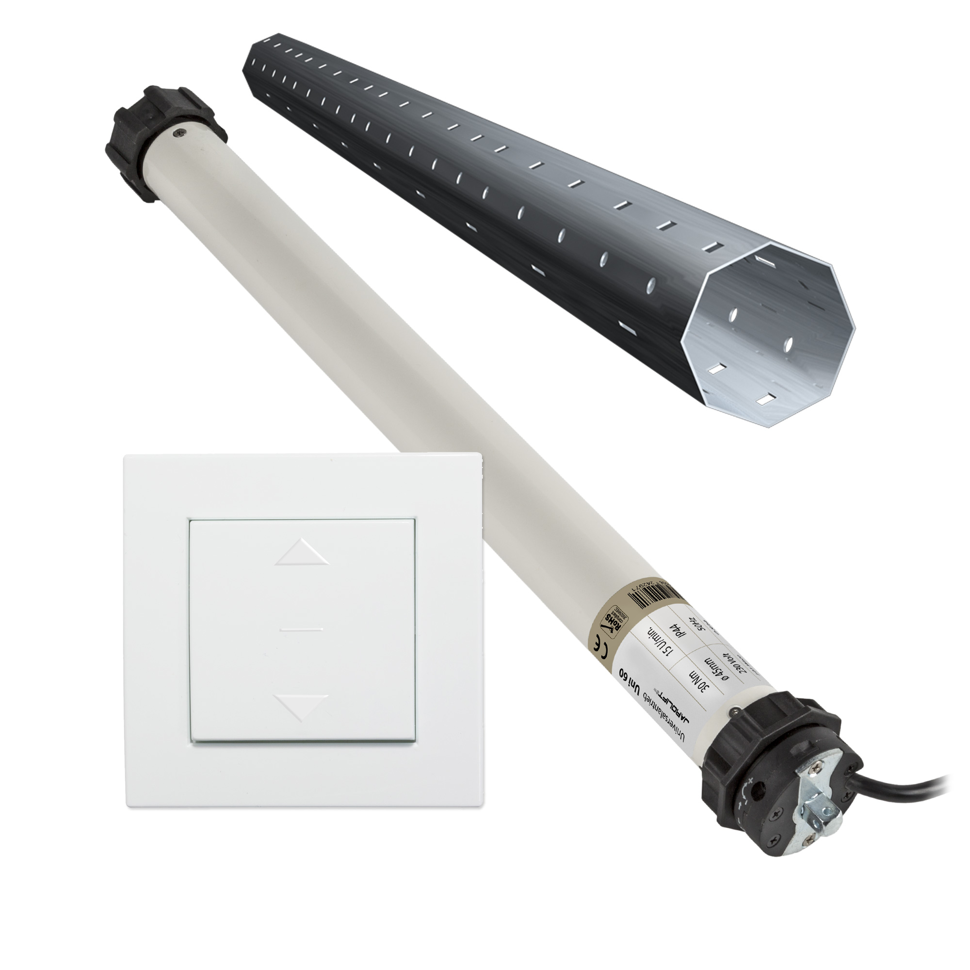 Motor para persiana Universel | UNI60 (30 Nm / SW60) + Interruptor basculante de diseño + Kit eje para nueva construcción 1