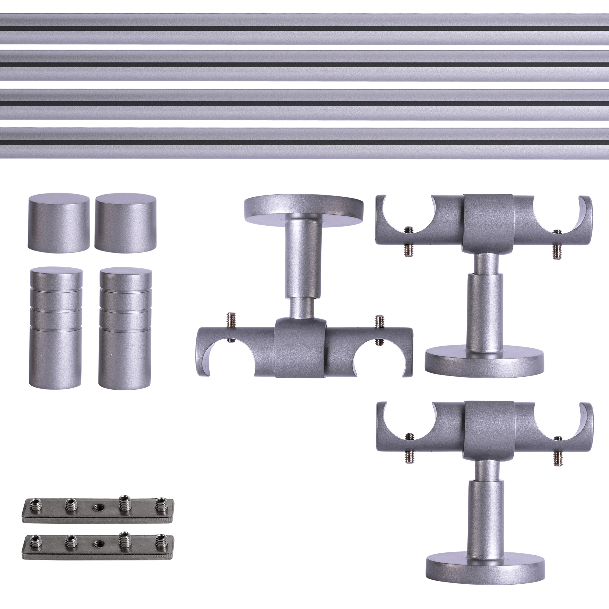 Juego de Barra de Cortina con Guía Interior | 2 rieles, ⌀ 19 mm, 400 cm, plateado + Techo, Tapa acanalada