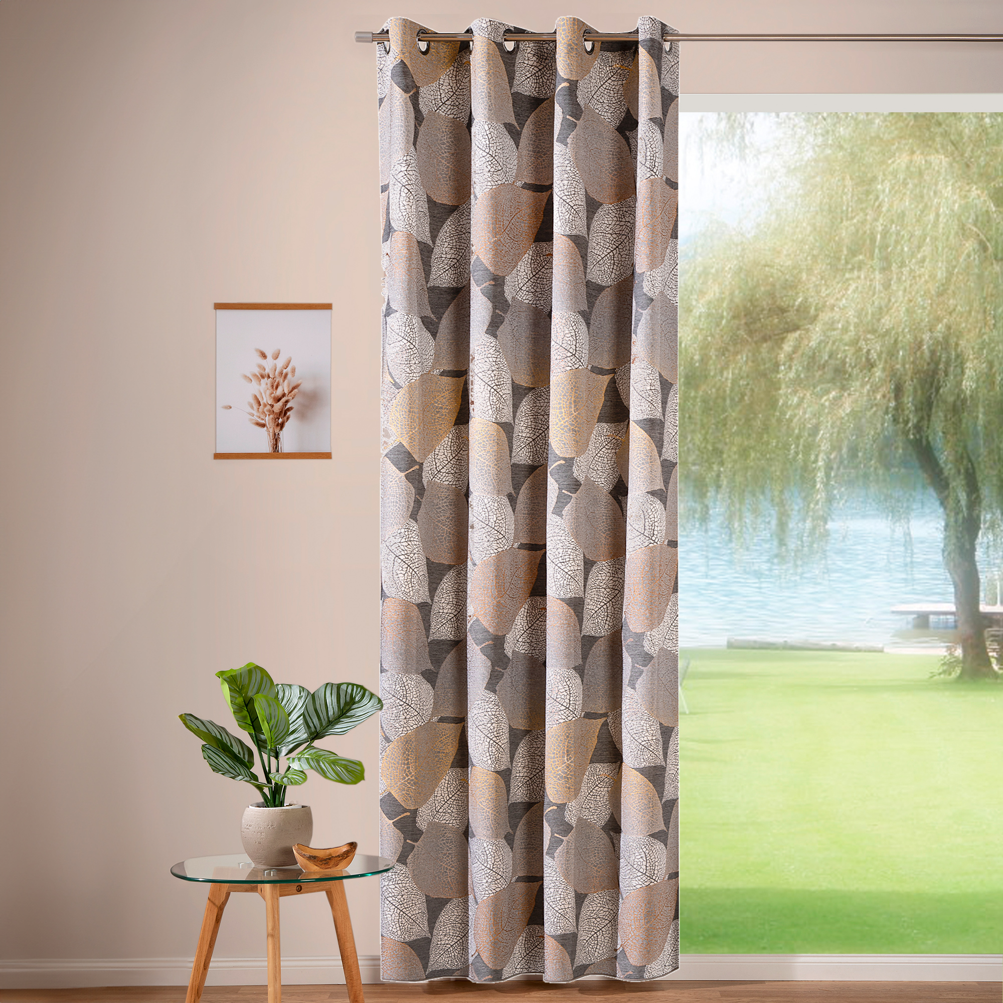 Cortina con Ojales - Estampado Floral | Opaco, 140 x 245 cm, antracita-latón