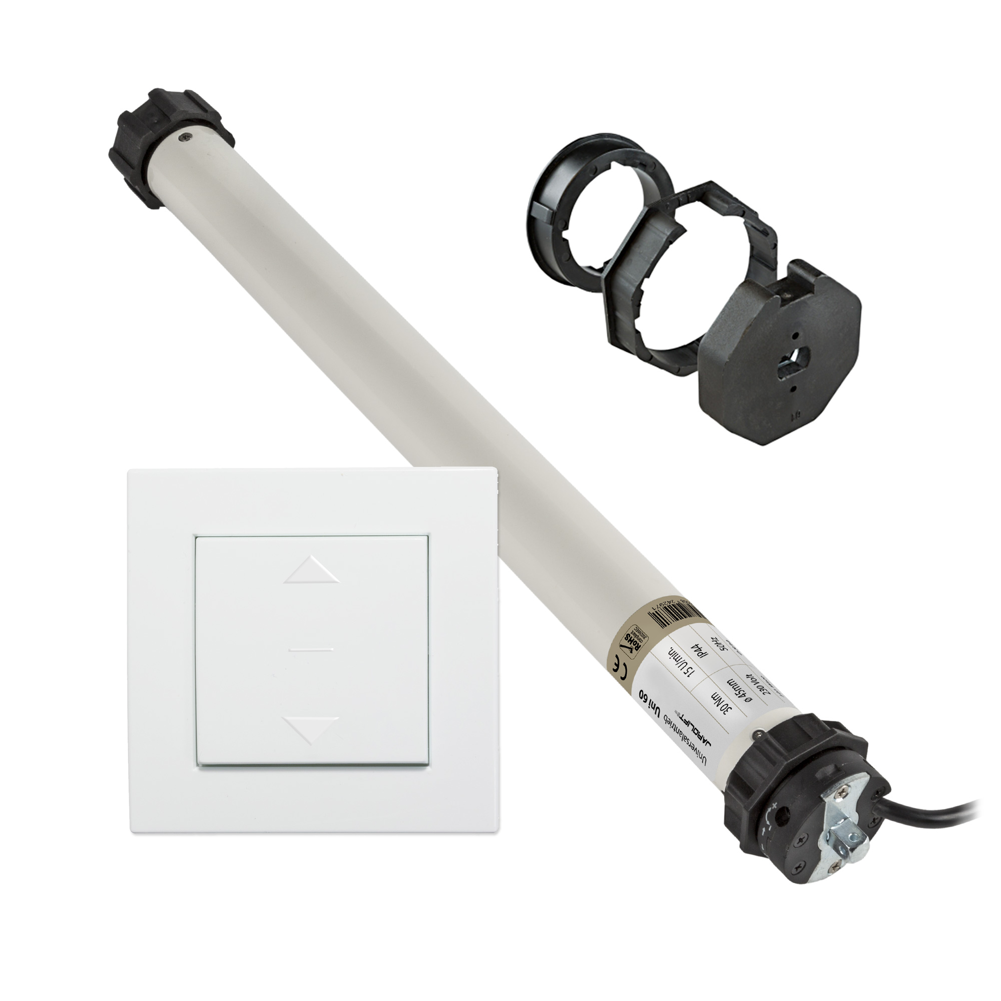 Motor para persiana Universel | UNI60 (30 Nm / SW60) + Interruptor basculante de diseño + Adaptador SW70 SLAO70-45