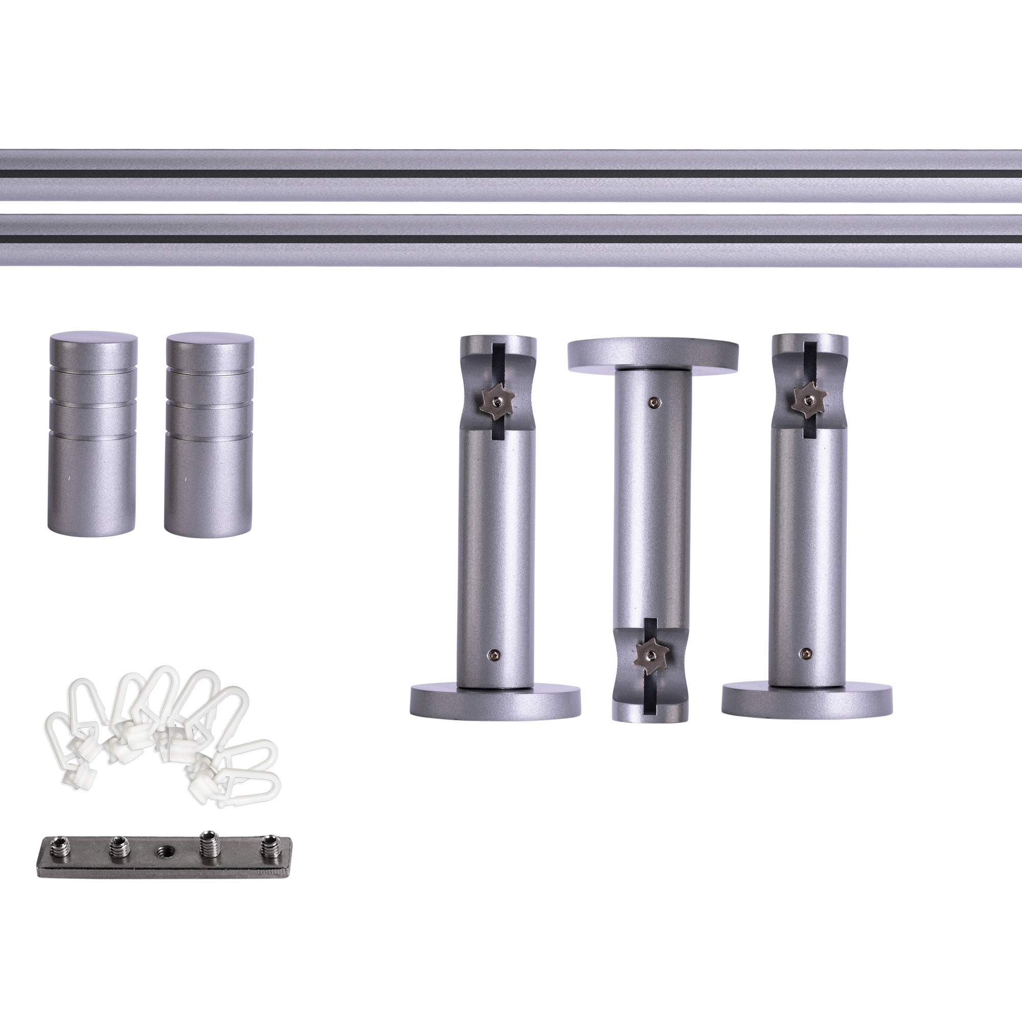 Juego de Barra de Cortina con Guía Interior | 1 riel, ⌀ 19 mm, 280 cm, plateado + Pared, Tapa acanalada, Deslizador