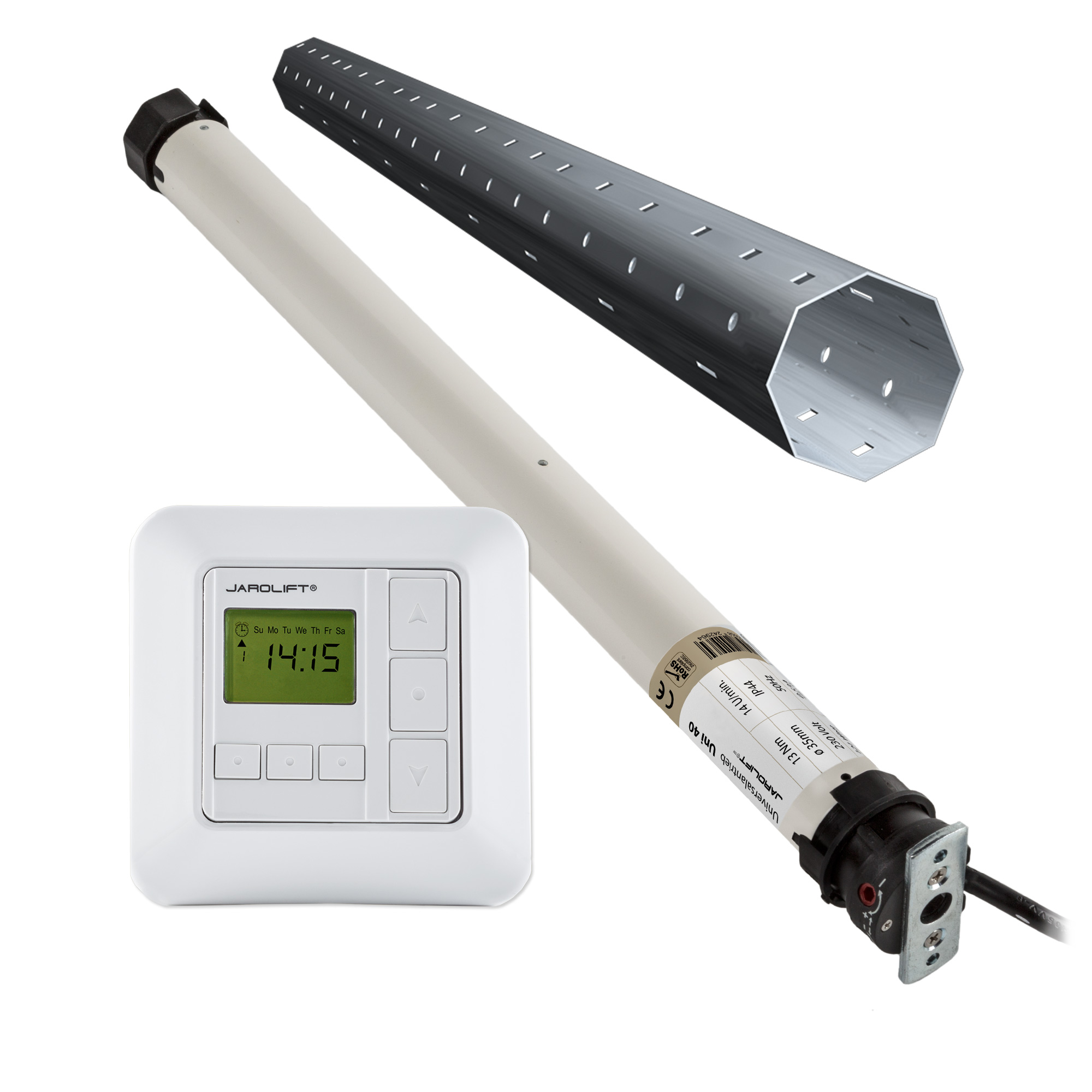 Motor para persiana Universel | UNI40 (13 Nm / SW40) + Sevenlogic Comfort radio + Kit eje para cajón exterior 1